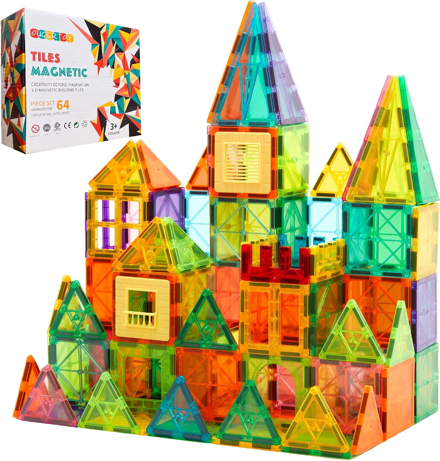 HotOugerToy 104PCS Magnetic Tiles STEM Building Blocks for Kids Ages 3-9, Educational Stacking Toys with Car Bases, Creative Construction Gift for Boys Girls