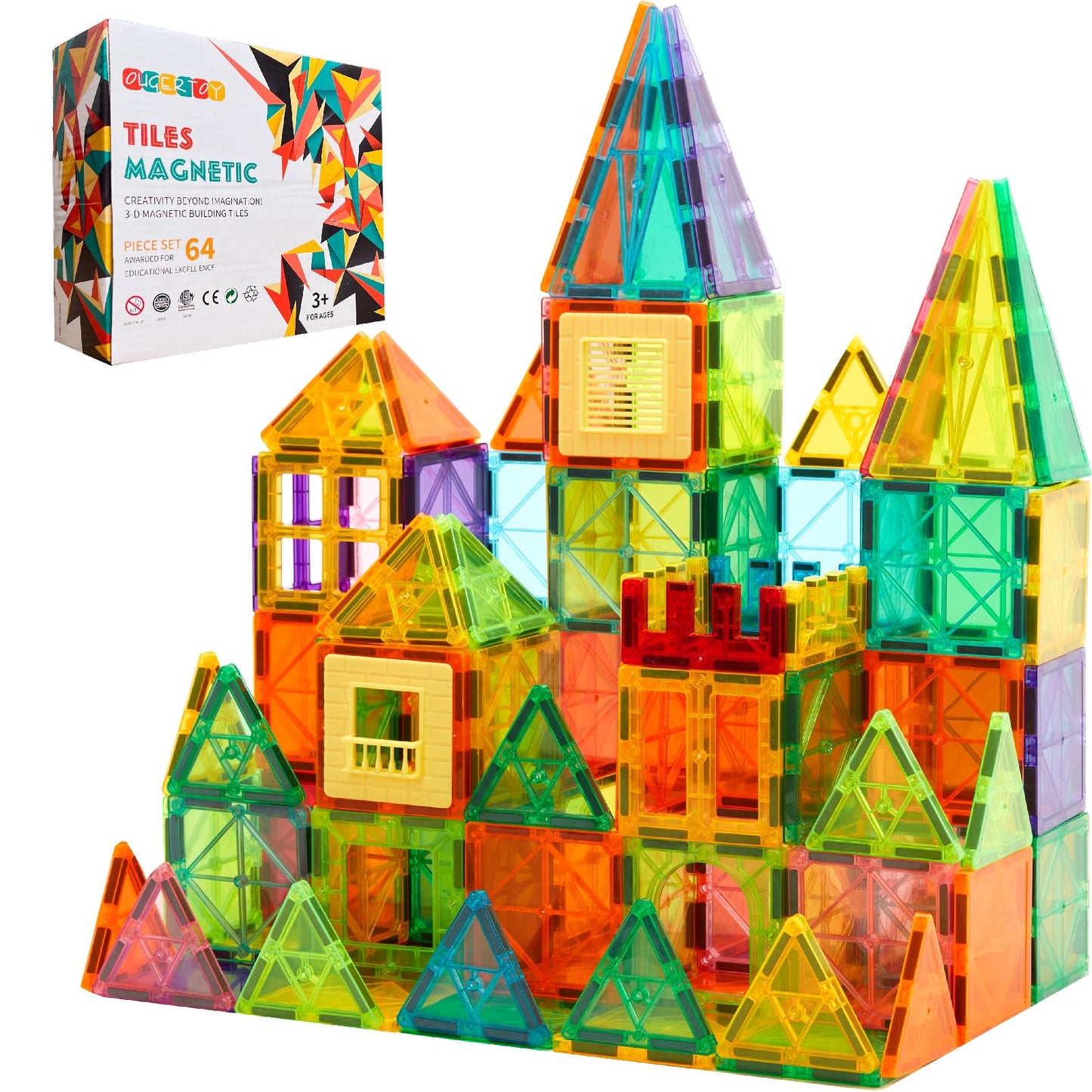 HotOugerToy 104PCS Magnetic Tiles STEM Building Blocks for Kids Ages 3-9, Educational Stacking Toys with Car Bases, Creative Construction Gift for Boys Girls