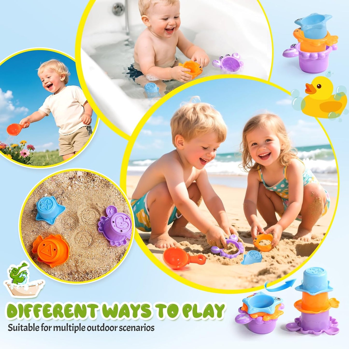 Hot Toddler Bath Toys for Kids Ages 1-3 Waterfall Bathtub Toys for Toddlers 2-4 | with 3 Stacking Cups No Mold Baby Bath Toys Interactive Duck Water Shower Toys for Boys Girls Gifts with Strong Suction Cups