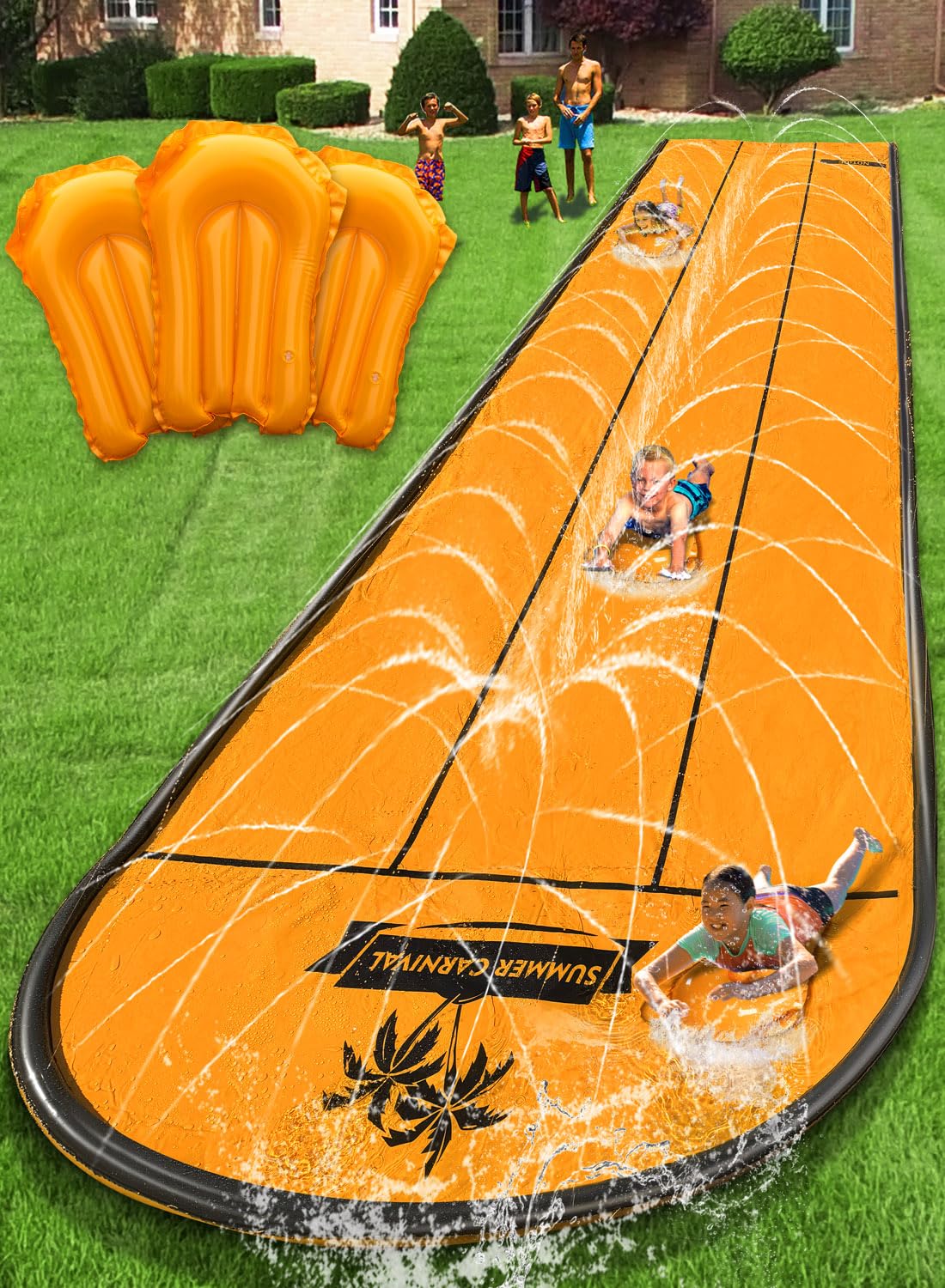 Hot Spring Water Slip and Water Slide for Kids Backyard, 22ft*3 Racing Lanes Slip Water Slides with Sprinkler for Age 5-8 8-12, Summer Outdoor Water Toy with 3 Inflatable Bodyboards