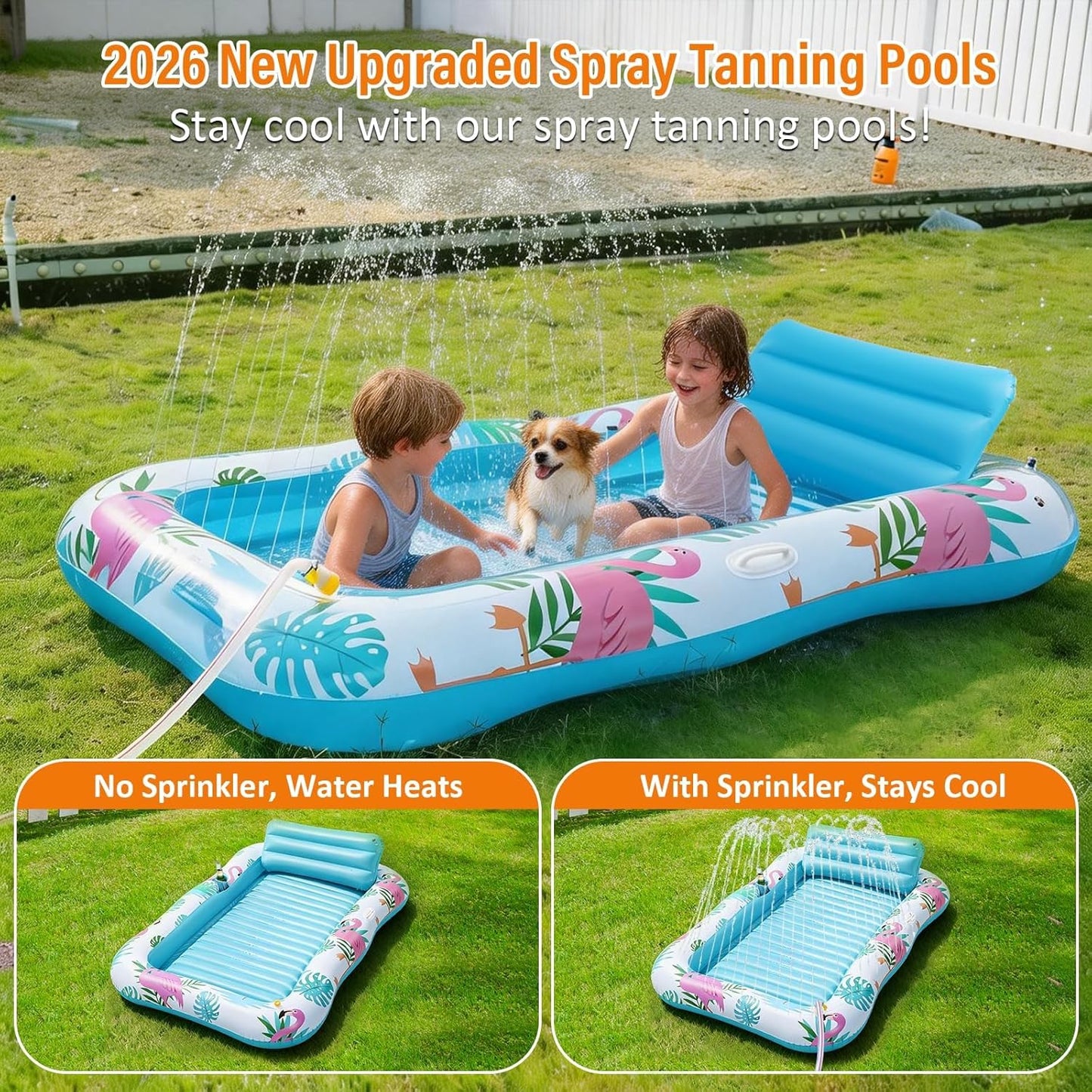 Hot Inflatable Tanning Pool Lounger Float with Sprinkler, Pool Float Adult with Pillow & Cup Holder, Sunbathing Blow Up Tanning Bed, Suntan Tub Raft Floatie for Backyard Summer Water Party Extra-Large