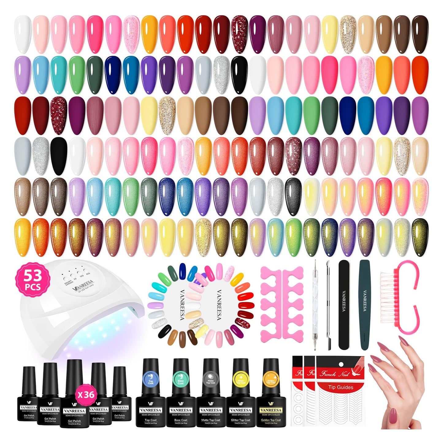 HotVANREESA 60 Pcs Gel Nail Polish Set, 55 Colors Gel Polish with Base Coat & 4 Effects Top Coat Full-Color Nail Polish Set All Seasons Nail Kit Gifts for Women Girls Nail Salon at Home