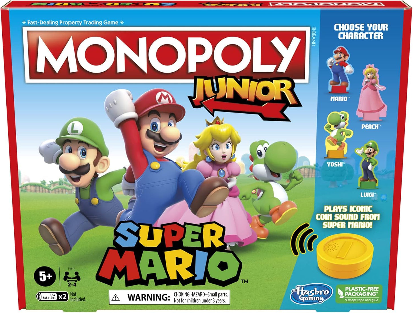 HotMonopoly Junior Super Mario Edition Board Game, Fun Kids' Ages 5 and Up, Explore The Mushroom Kingdom as Mario, Peach, Yoshi, or Luigi (Amazon Exclusive)