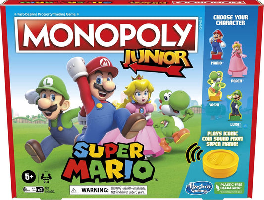 HotMonopoly Junior Super Mario Edition Board Game, Fun Kids' Ages 5 and Up, Explore The Mushroom Kingdom as Mario, Peach, Yoshi, or Luigi (Amazon Exclusive)