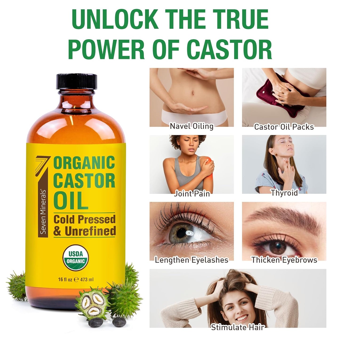 HotSeven Minerals USDA Organic Castor Oil - Big 16 oz Glass Bottle with Pump - 100% Pure Cold Pressed Unrefined Hexane Free - for Hair Growth, Eyelashes, Eyebrows, Skin, Cuticles & Caster Oil Packs