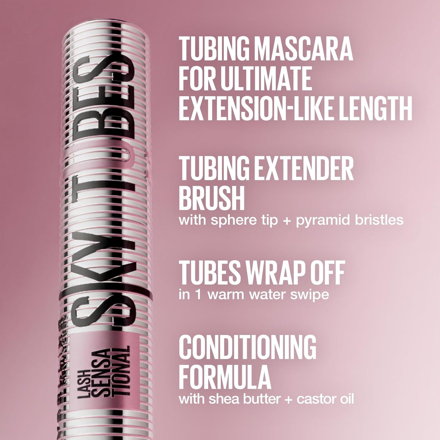 HotMaybelline Lash Sensational Sky Tubes Tubing Mascara, Extension-Like Lengthening Mascara, 24HR Eye Makeup with Shea Butter & Castor Oil, Very Black, 1 Count