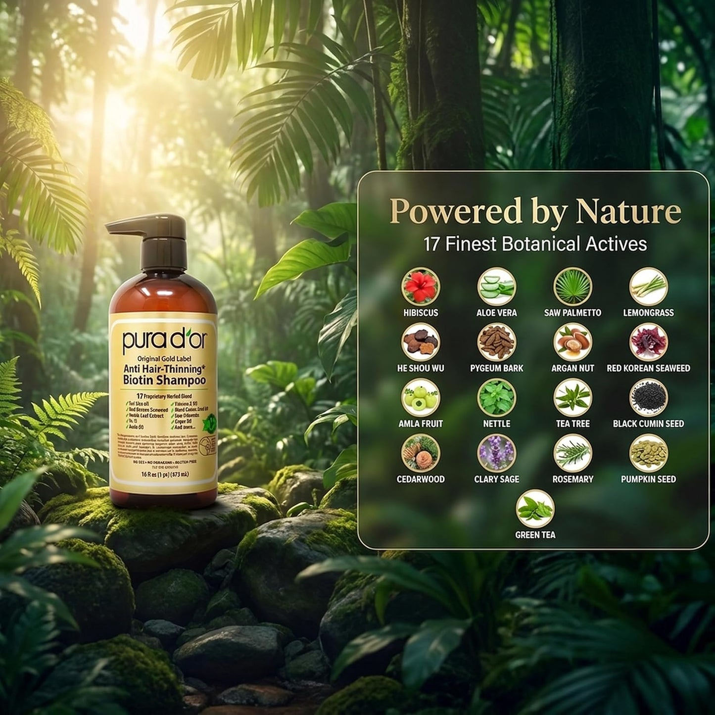 HotPURA D'OR Original Gold Label Anti-Thinning Shampoo - CLINICALLY TESTED - Biotin & Argan Oil – Sulfate-Free Strengthening & Volumizing for Fuller-Looking Hair, Men & Women, Natural Earthy Scent 16 oz