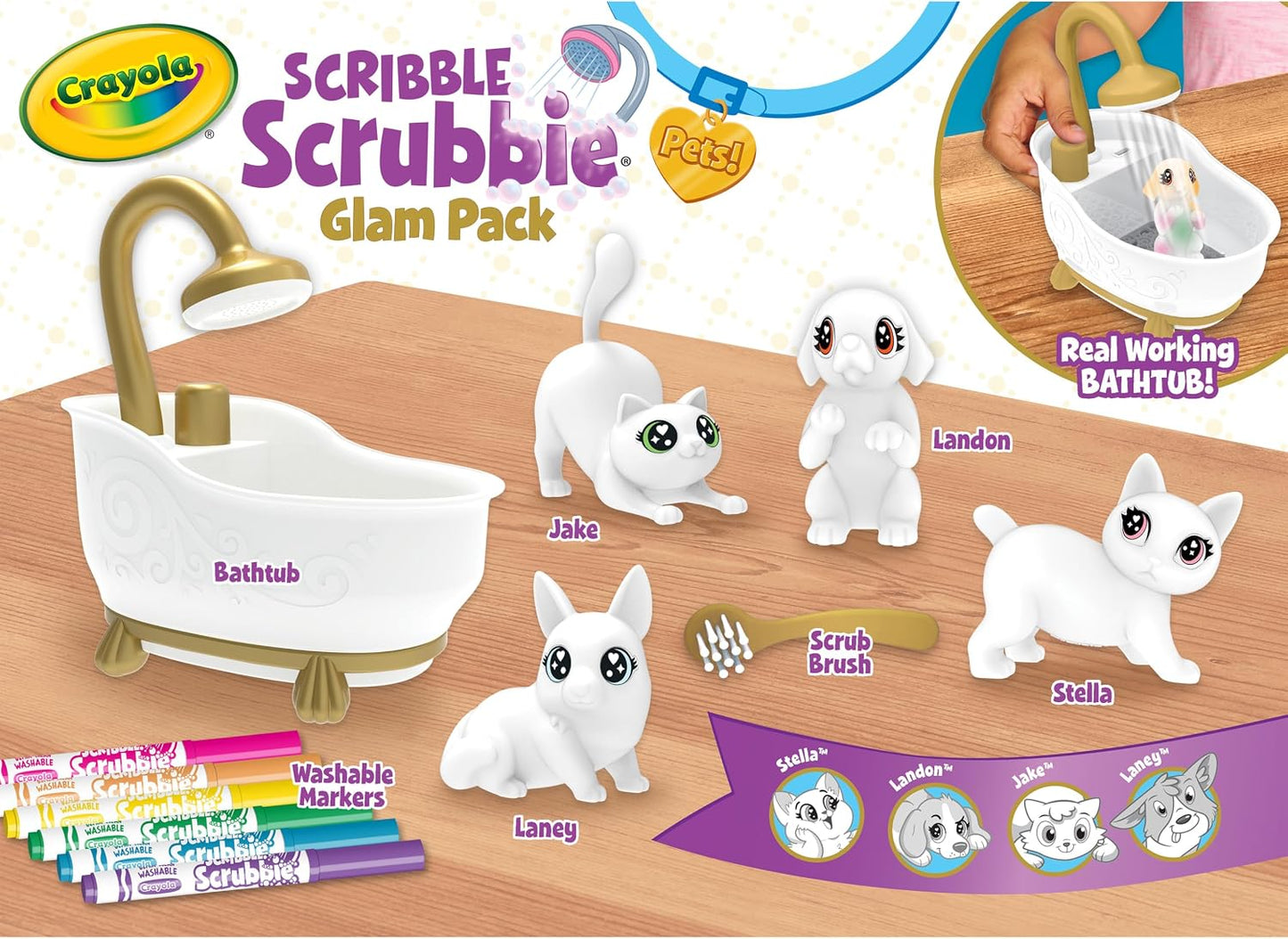 HotCrayola Scribble Scrubbies Glam Pack (4 Pets), Washable Pet Care Toy & Coloring Animal Craft Kit, Gift for Kids, Playset for Girls & Boys, Ages 3+