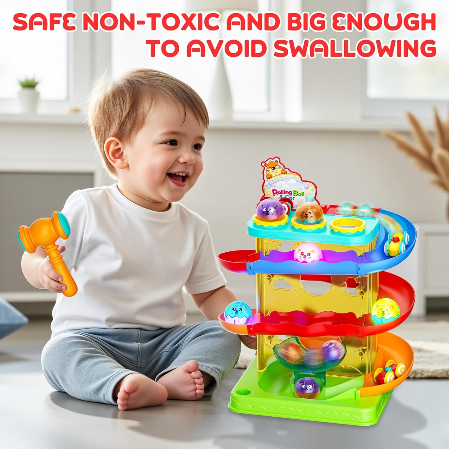Hot2-in-1 Rolling Ball & Car Ramp Race Track for Toddlers, Hammer Ball Drop Toy for Boys & Girls, Interactive Playset w/Sensor Lights - Montessori STEM Learning Toys for Kids 1-5+ Year Old