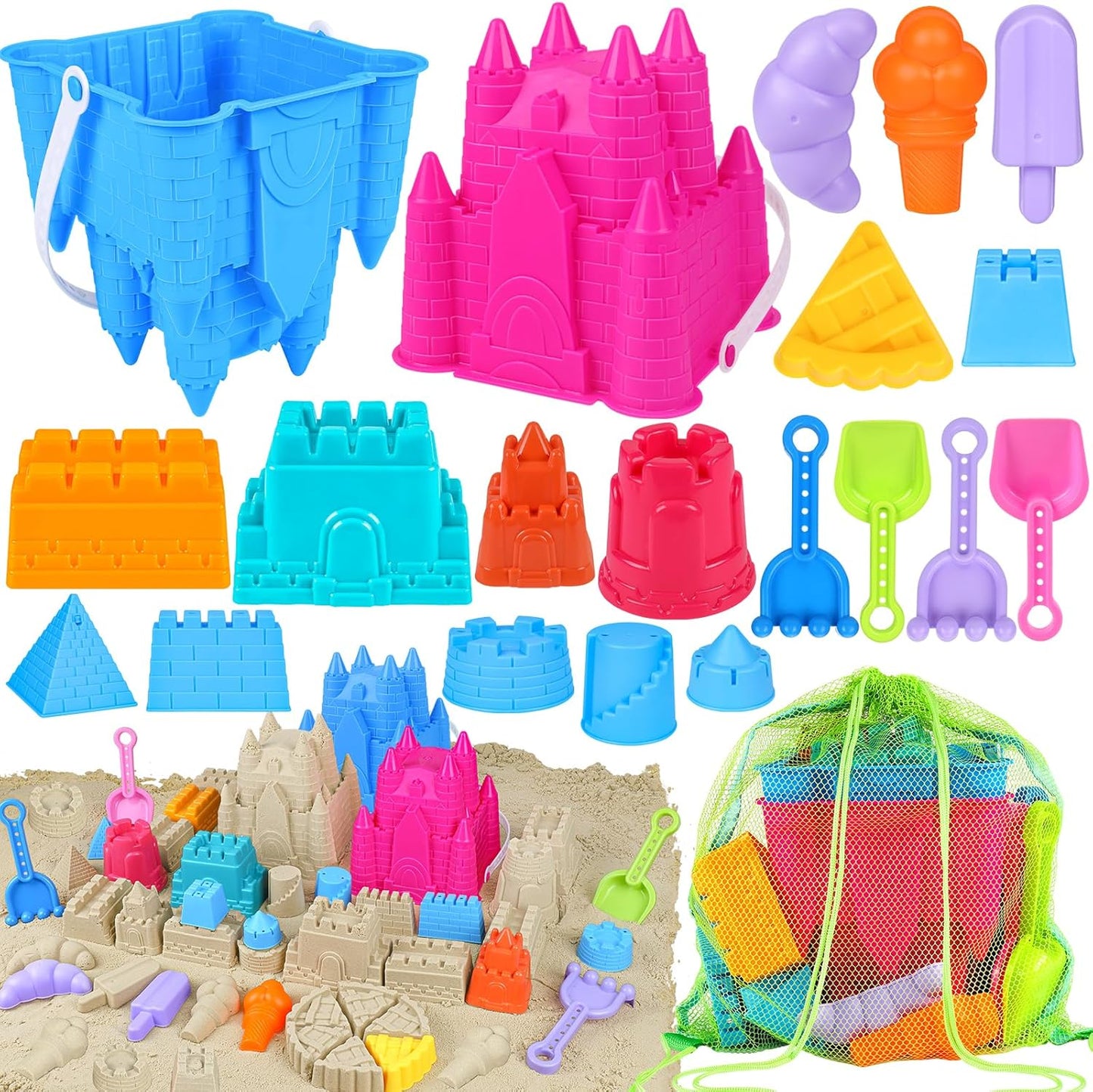 Hot FUSPWEAO Beach Toys Sand Toys for Kids, Sand Castle Toys for Beach with 2 Castle Bucket and Mesh Bag, Sand Molds, Shovels and Rakes, Sandbox Toys for Toddlers, Travel Beach Toys for Kids 3-10