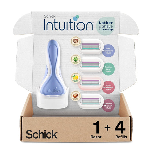HotSchick Intuition Razors Variety Pack - 1 Razor Handle & 4 Blades Refill | Shaving Kit for Beginners, Gift Set, and Razor Starter Kit