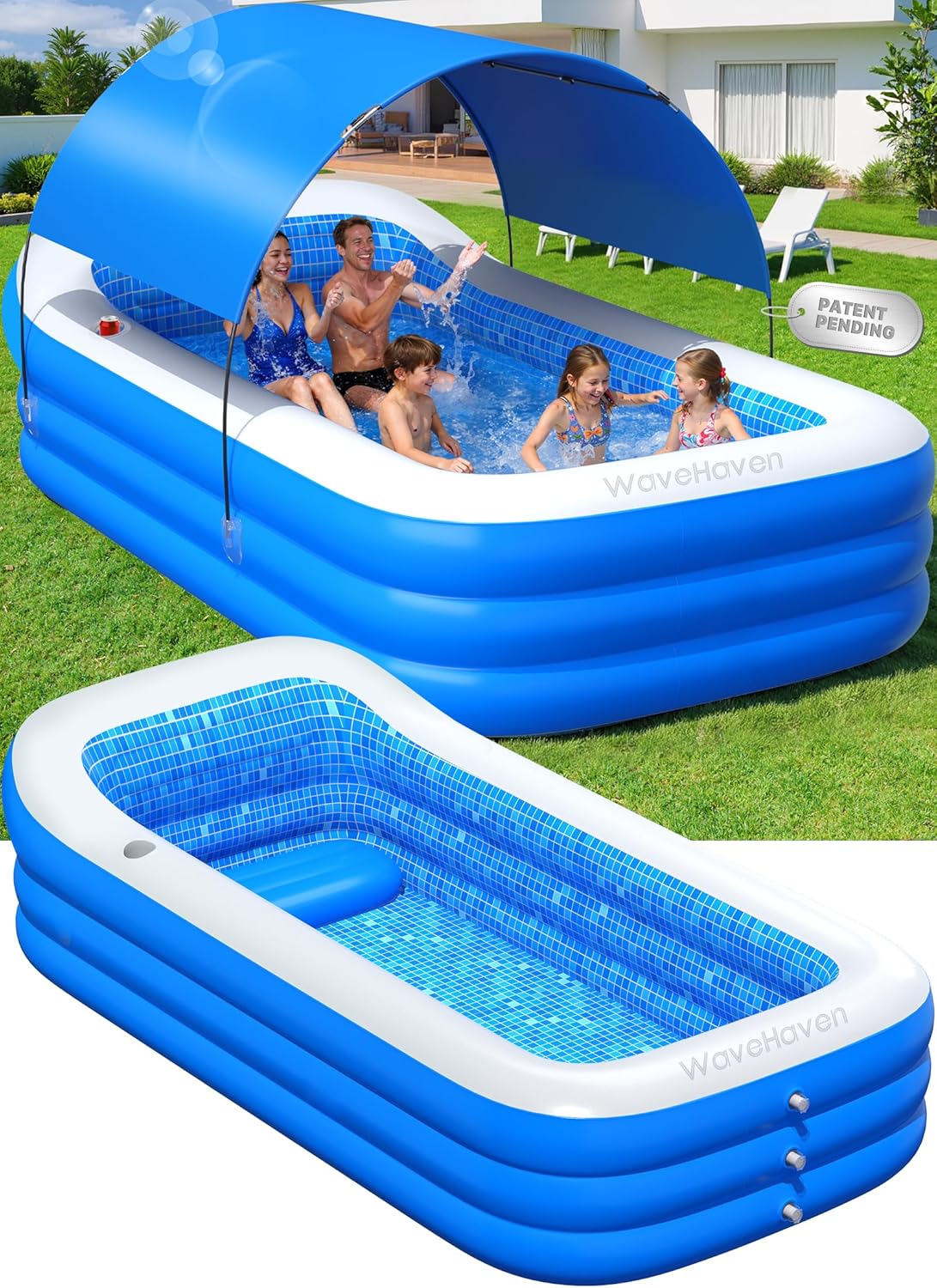 Hot 2026 Inflatable Pool with Canopy,Upgraded Blow Up Pool for Adults&Kids,Large Inflatable Pool with Seat and Big Backrest,Kiddie Pool with Shade,Kid Swimming Pool for Backyard 110"x63"x20"Blue