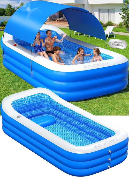 Hot 2026 Inflatable Pool with Canopy,Upgraded Blow Up Pool for Adults&Kids,Large Inflatable Pool with Seat and Big Backrest,Kiddie Pool with Shade,Kid Swimming Pool for Backyard 110"x63"x20"Blue