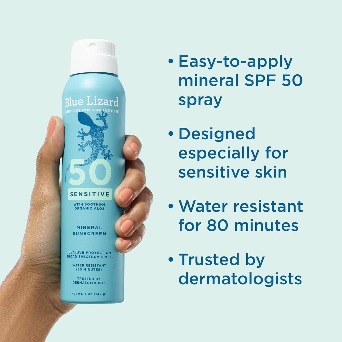 HotBlue Lizard Sensitive Mineral SPF 50 Spray, Dermatologist-Recommended Brand, Broad-Spectrum UVA/UVB Protection, Water-Resistant, Zinc Oxide Formula, 5 oz
