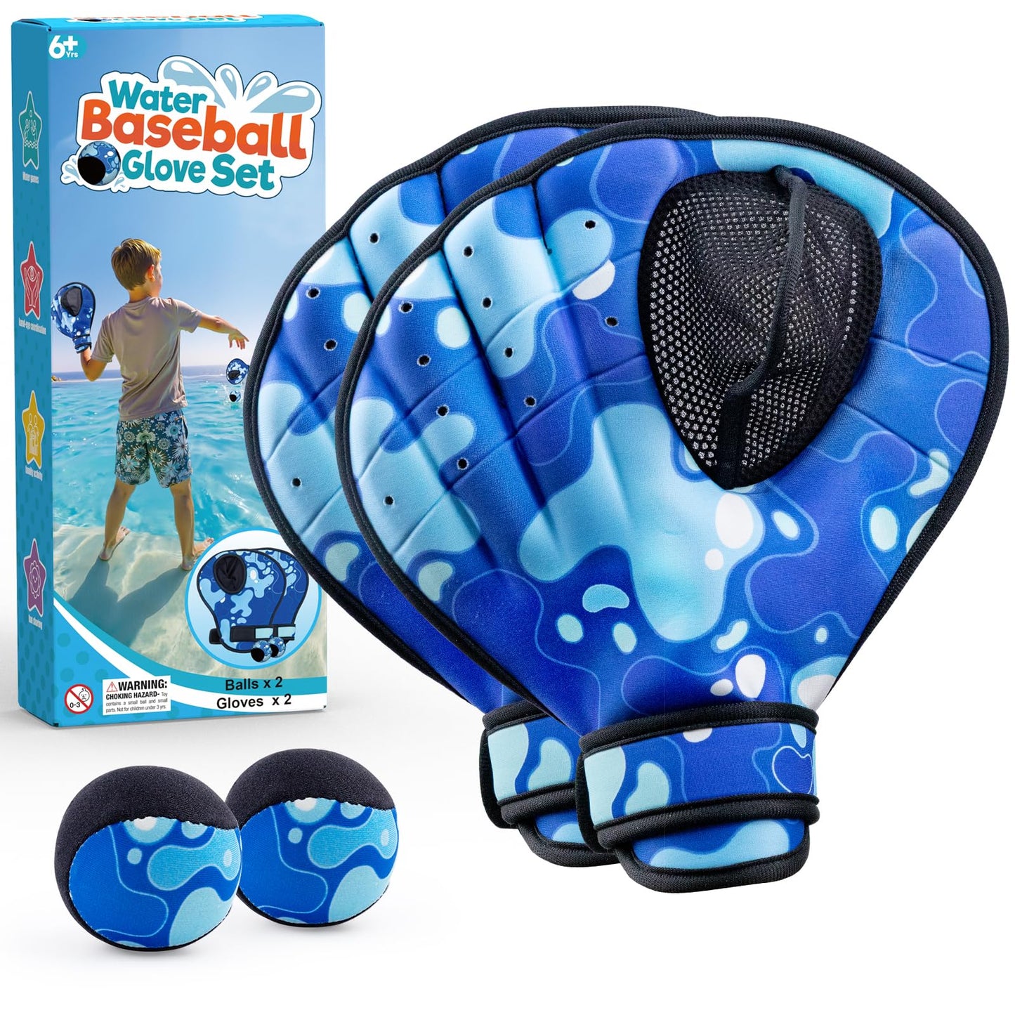 HotAyeboovi Water Baseball Gloves Bouncing Ball Set for Pool Toys Lake Beach Games,2 Baseball Style Glove for Catch Skipping Ball, Birthday Gift for Boy Girl Kid Age 8-12 & Adult Teen, Blue