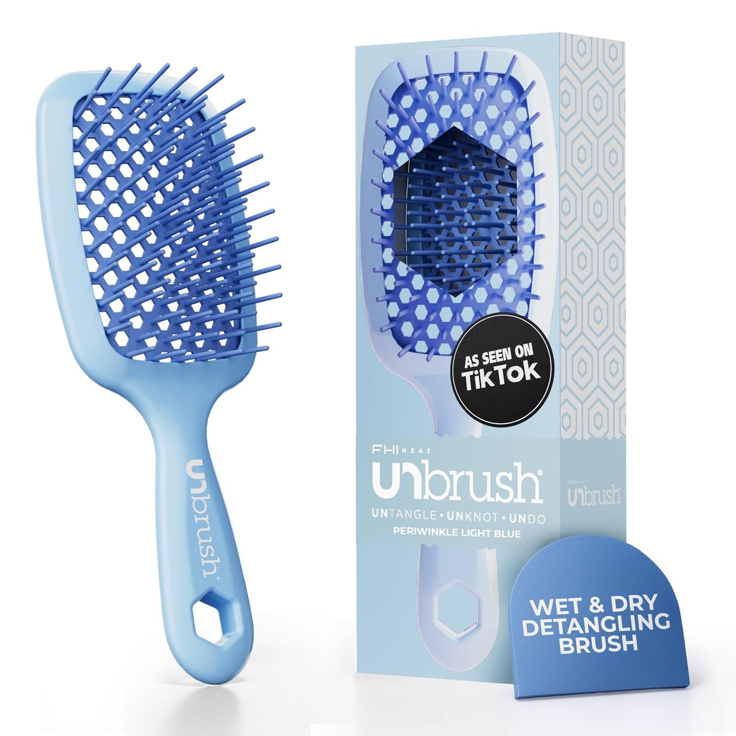 HotFHI Heat UNbrush Detangling Brush for Pain-Free Brushing on All Wet or Dry Hair Types — Durable DuoFlex Anti-Static Bristles, Lightweight Handle, Vented Hair Brush, Periwinkle Light Blue