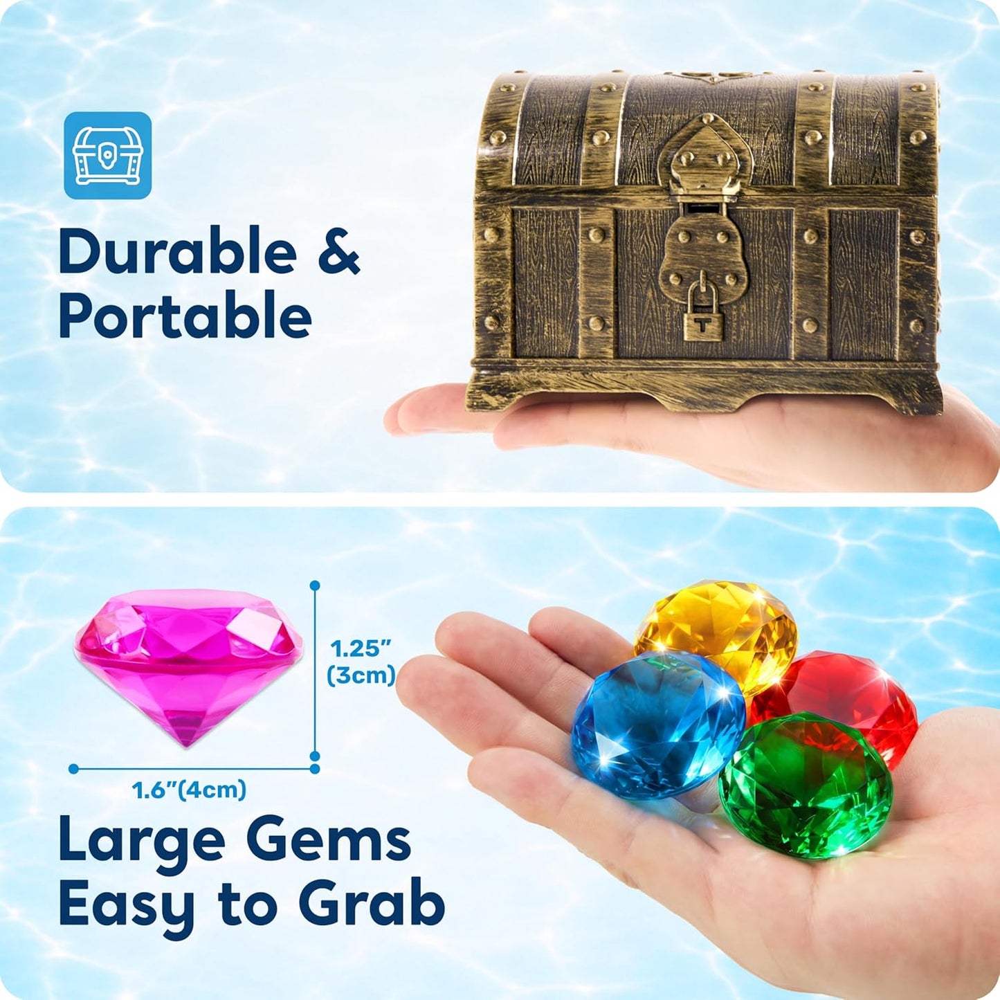 HotSloosh Diving Gems Pool Toys, 16 Big Colorful Diamond with Pirate Treasure Chest,Swim Dive Toy for Kids Underwater Gemstone Swimming Training Gift Water Pool Games(Gold)