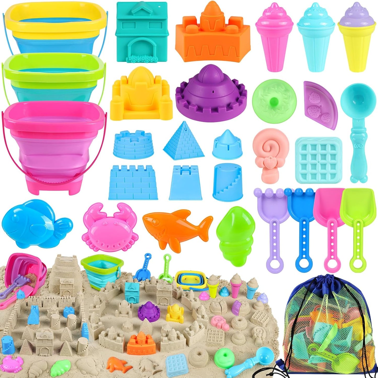 HotCollapsible Beach Toys for Kids Toddlers, 3 Foldable Buckets and Shovels Set, Sand Castle Building Kit, Ice Cream Travel Sand Toys for Sandbox & Mesh Bag, Beach Essentials for Boys Girls Age 3-10