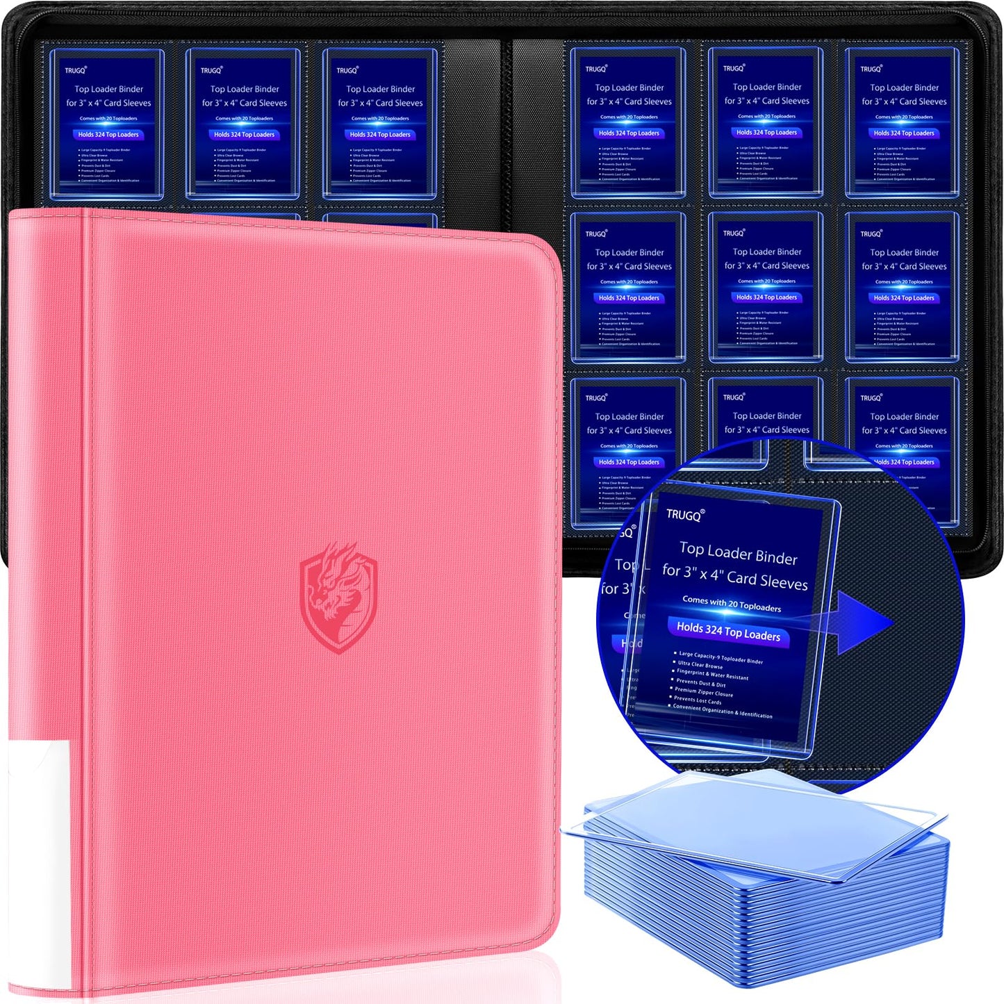 HotToploader Binder Holds 324 Toploaders - 20 Toploaders|Waterproof PU Leather + Anti-Yellowing PP Inserts | Ridge Tab Sorting Portable top loader binder for cards(For Sports/Game Cards)