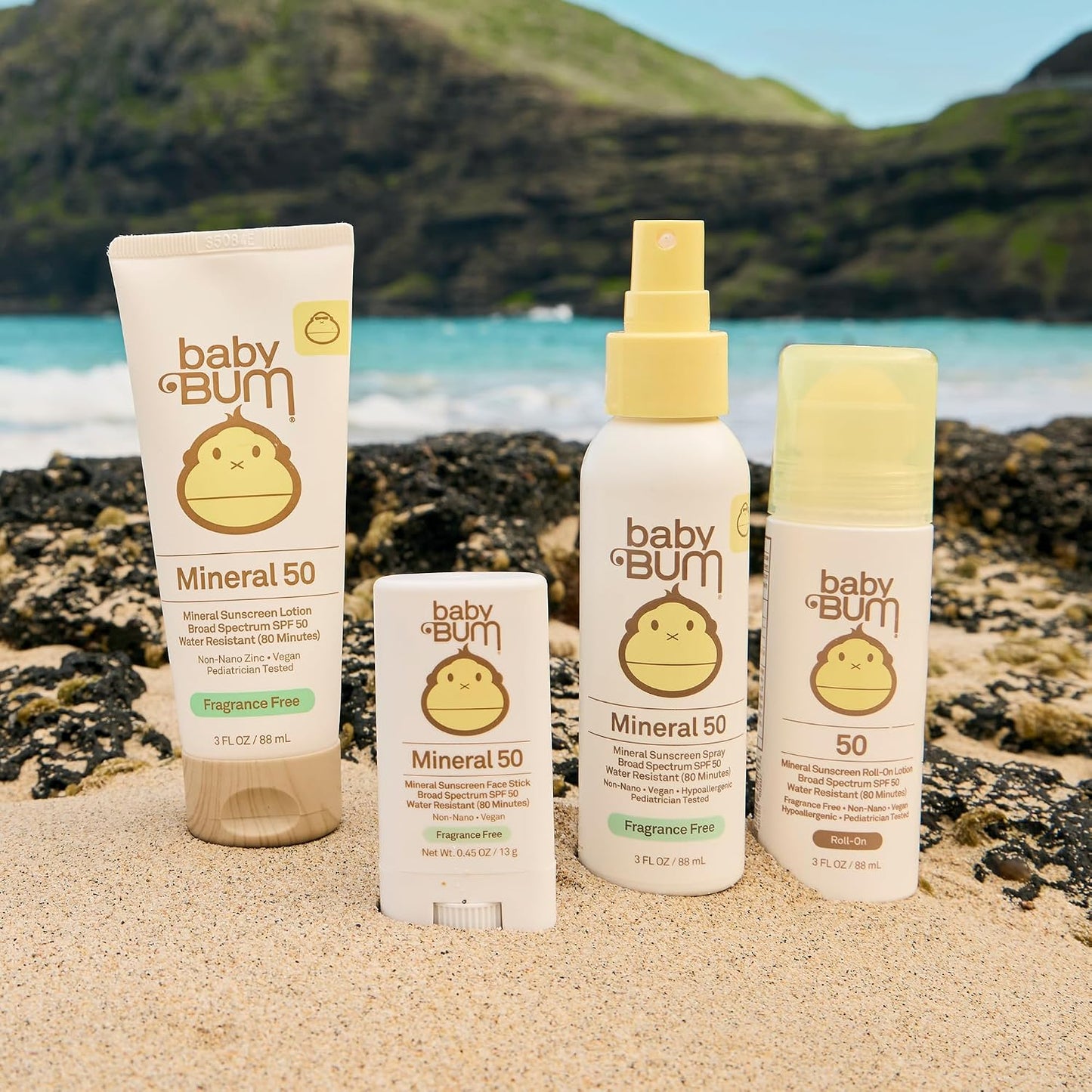 HotSun Bum Baby Bum Mineral SPF 50 Roll-On Sunscreen - Vegan and Hawaii 104 Act Compliant (Without Octinoxate & Oxybenzone) - Broad Spectrum Moisturizing UVA/UVB - Travel Size - 3 oz