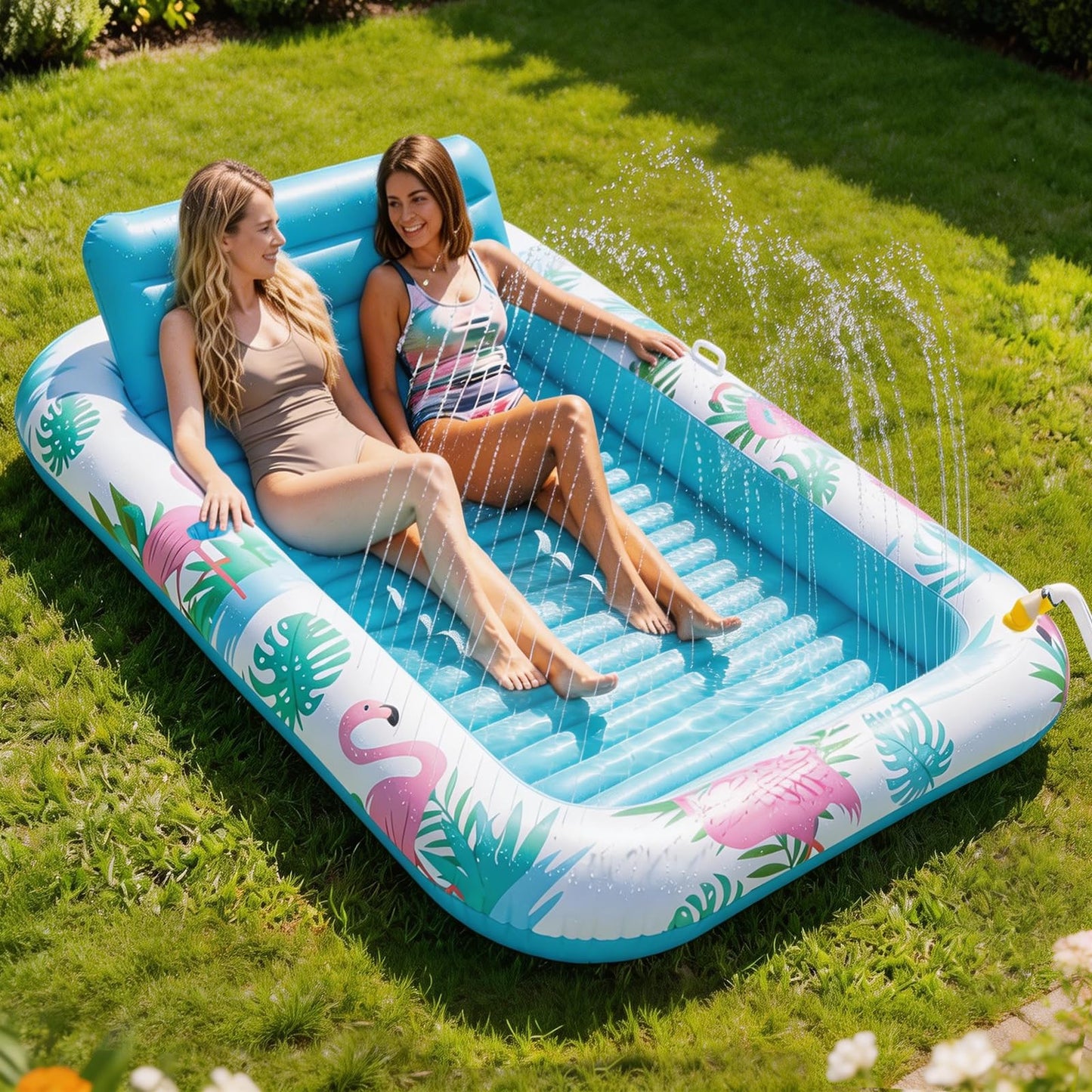 Hot Inflatable Tanning Pool Lounger Float with Sprinkler, Pool Float Adult with Pillow & Cup Holder, Sunbathing Blow Up Tanning Bed, Suntan Tub Raft Floatie for Backyard Summer Water Party Extra-Large