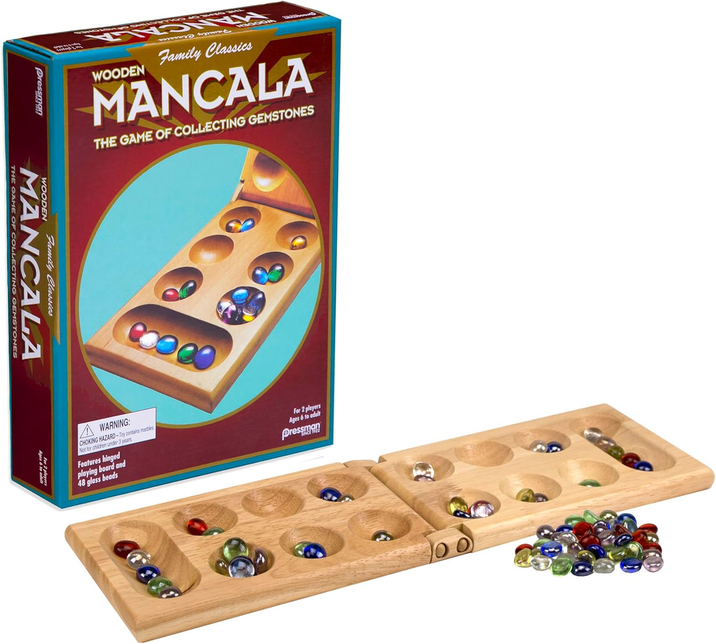 Hot Pressman Mancala Board Game | Fun Classic Table for Adults & Kids | Includes 48 Glass Mancala Stones and Wood Hinged Playing Board | 2 Players, Ages 6+