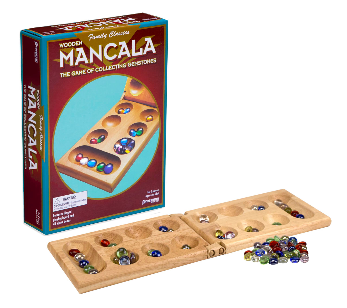 Hot Pressman Mancala Board Game | Fun Classic Table for Adults & Kids | Includes 48 Glass Mancala Stones and Wood Hinged Playing Board | 2 Players, Ages 6+