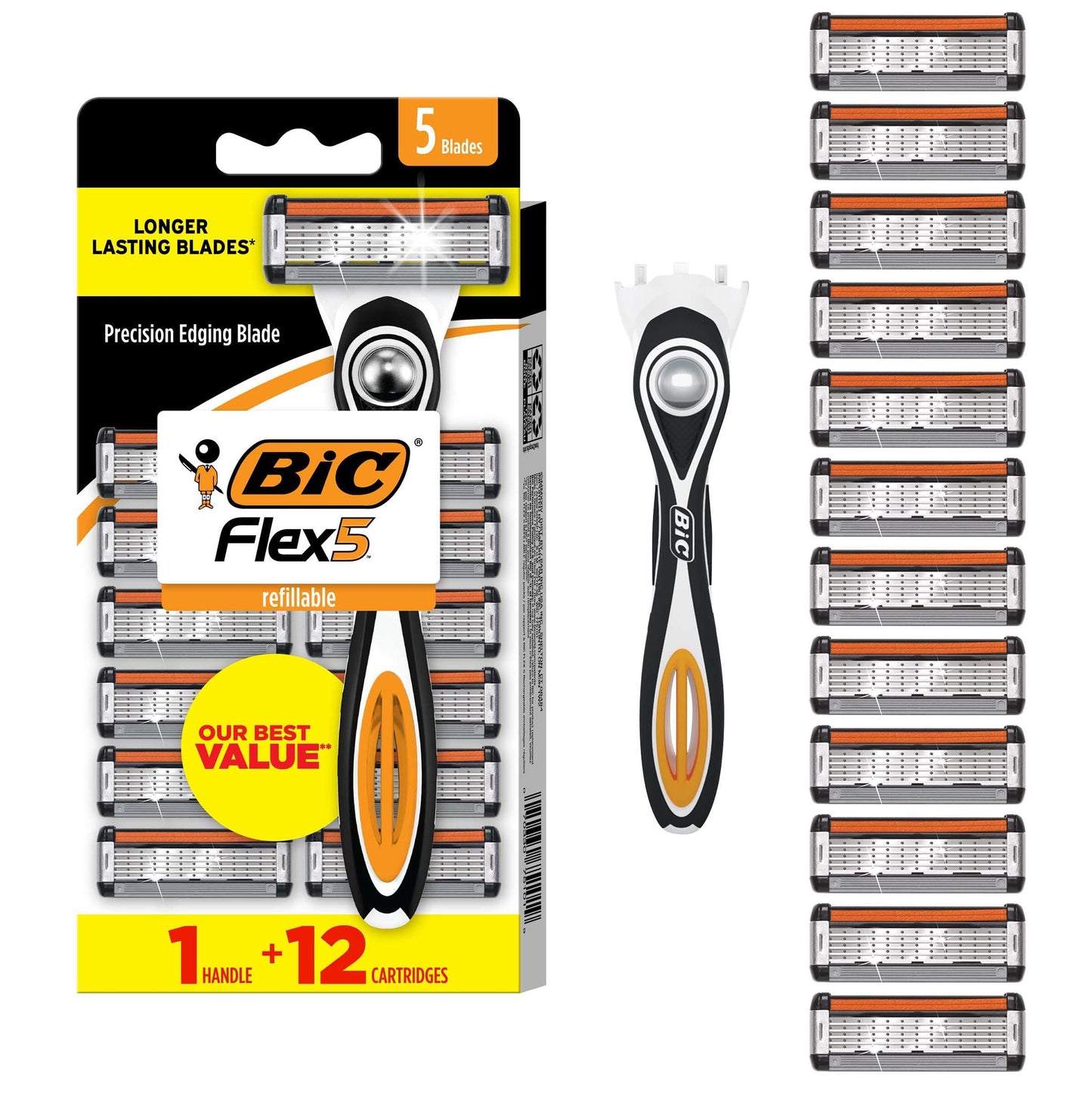 HotBIC Flex 5 Refillable Razors for Men, Long-Lasting 5 Blade Razors for a Smooth and Comfortable Shave, 1 Handle and 7 Cartridges, 8 Piece Shaving Kit