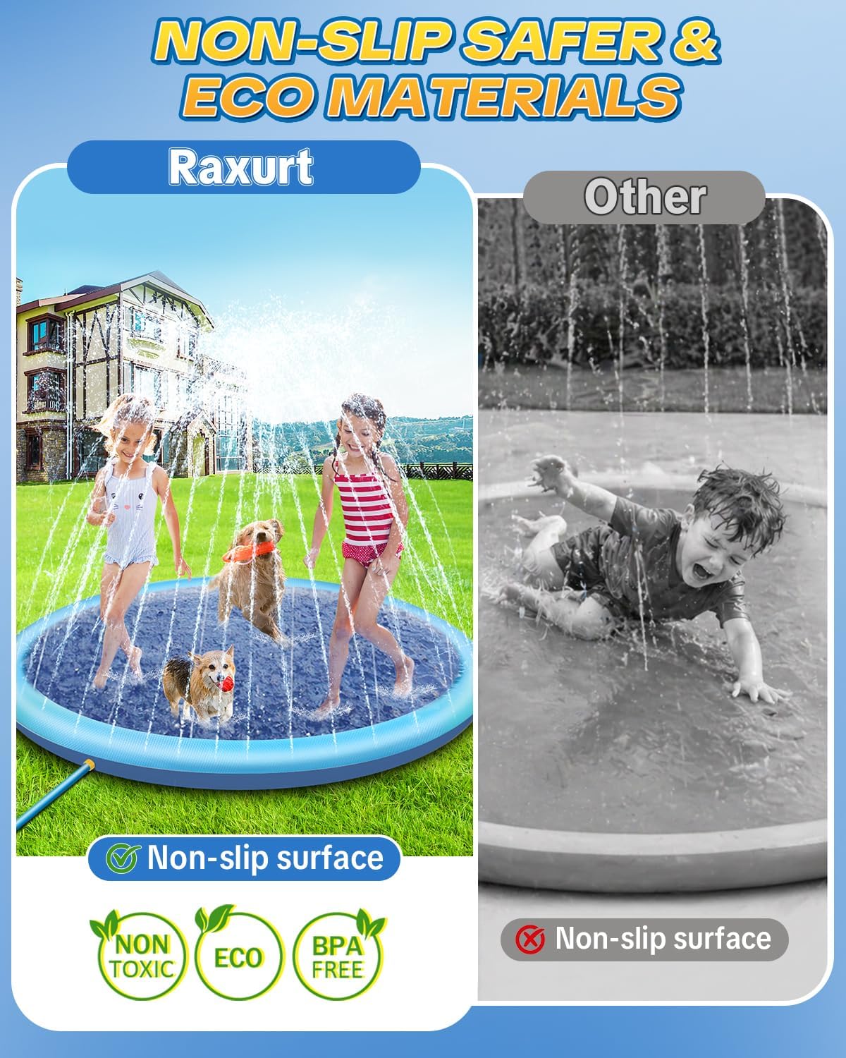 HotRaxurt Non-Slip Splash Pad for Kids and Dog, 67'' Splash Pad Thicken 0.58mm for Kids Ages 4-8 Toddler Baby Splash Sprinkler Pad Dog Pool Summer Outdoor Water Toys for Boys Girls