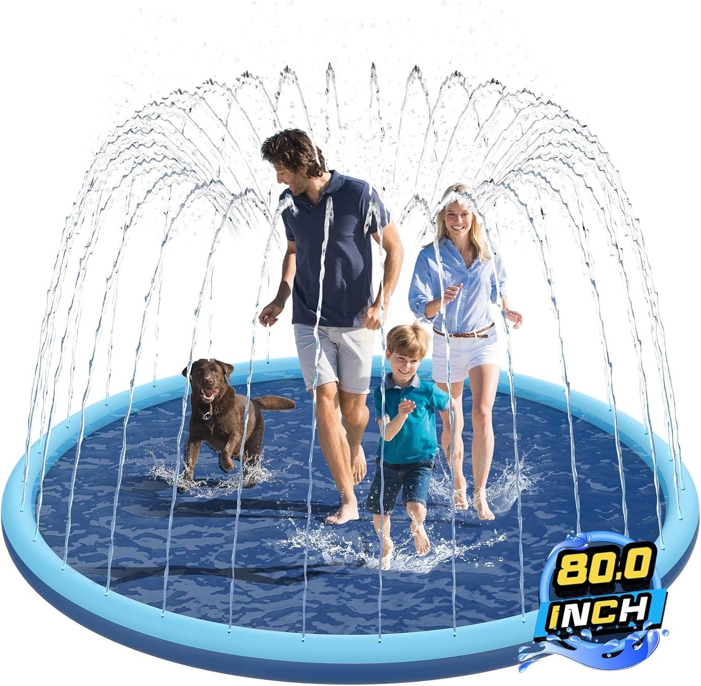 HotNon-Slip Splash Pad for Kids and Dog, 80" Extra Large Baby Play Mat, Dog Pool Toys, Thicken Sprinkler Pool Summer Outdoor Water Toys for Ages 3-12 Boys Girls, Parent-Kids &Games Fun Backyard (Blue)