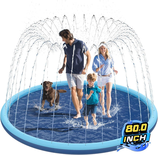 HotNon-Slip Splash Pad for Kids and Dog, 80" Extra Large Baby Play Mat, Dog Pool Toys, Thicken Sprinkler Pool Summer Outdoor Water Toys for Ages 3-12 Boys Girls, Parent-Kids &Games Fun Backyard (Blue)