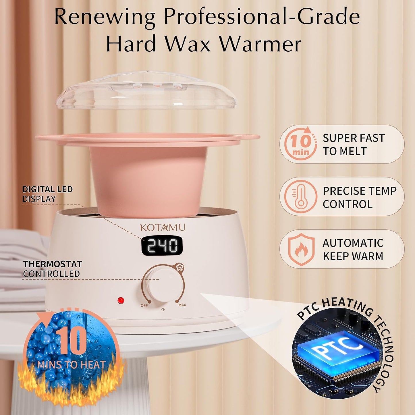 HotKOTAMU Waxing Kit for Women & Men, Pink Digital Wax Pot Warmer Hair Removal | Home Hard Wax Kit, Wax Machine, Face, Eyebrow, Bikini, Brazilian, Body, Sensitive Skin, 25 Accessories, Beginner-Friendly