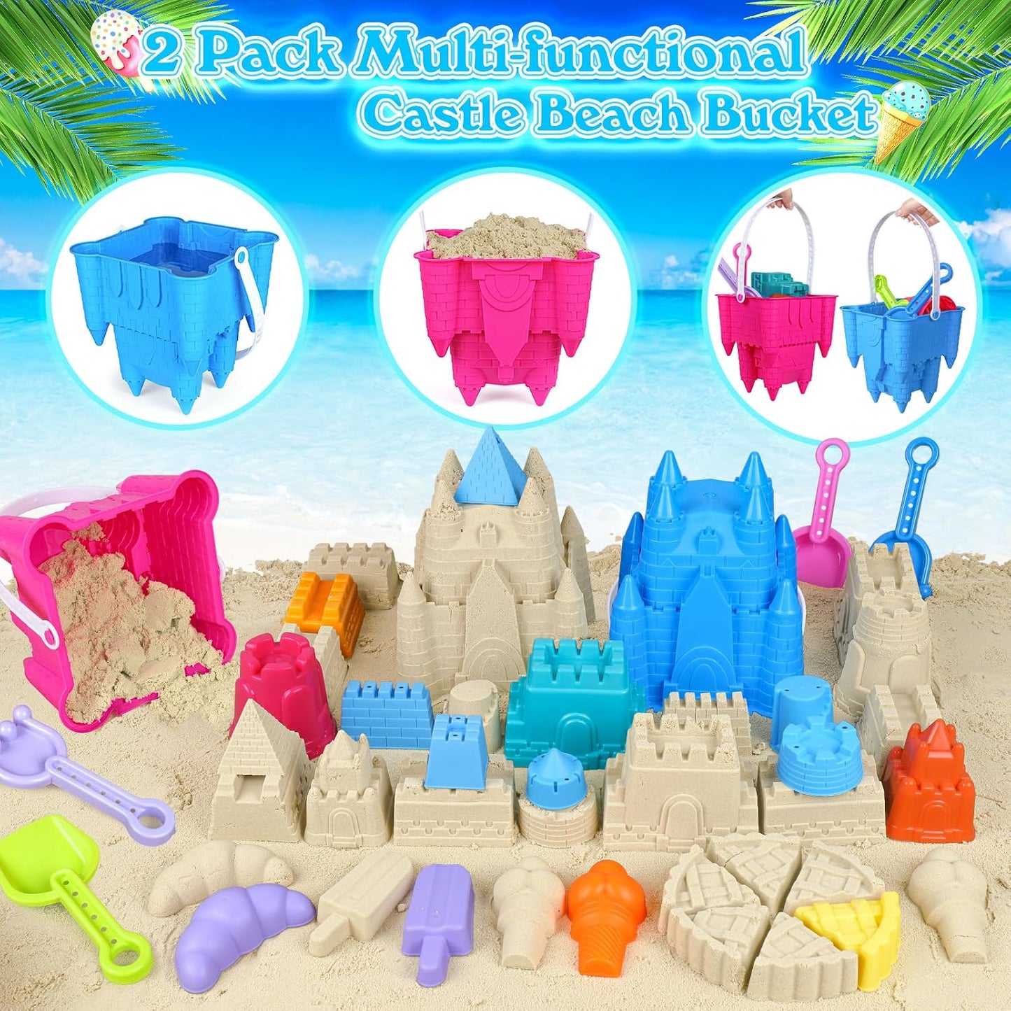 Hot FUSPWEAO Beach Toys Sand Toys for Kids, Sand Castle Toys for Beach with 2 Castle Bucket and Mesh Bag, Sand Molds, Shovels and Rakes, Sandbox Toys for Toddlers, Travel Beach Toys for Kids 3-10