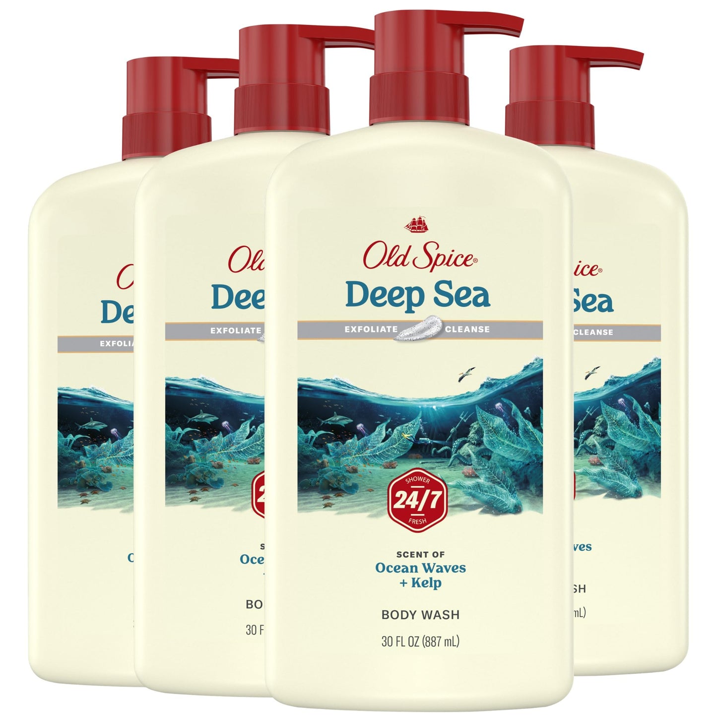 HotOld Spice Body Wash for Men, 24/7 Shower Fresh with Lasting Scent, Cleanse & Refresh, Gentle on Skin, Vitamin B3, Fiji with Palm Tree + Coconut Scent, 25 oz (Pack of 4)