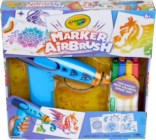HotCrayola Marker Airbrush Spray Art Kit, Battery-Powered Sprayer with 8 Washable Markers & 5 Stencils, DIY Craft Set, Ages 6+