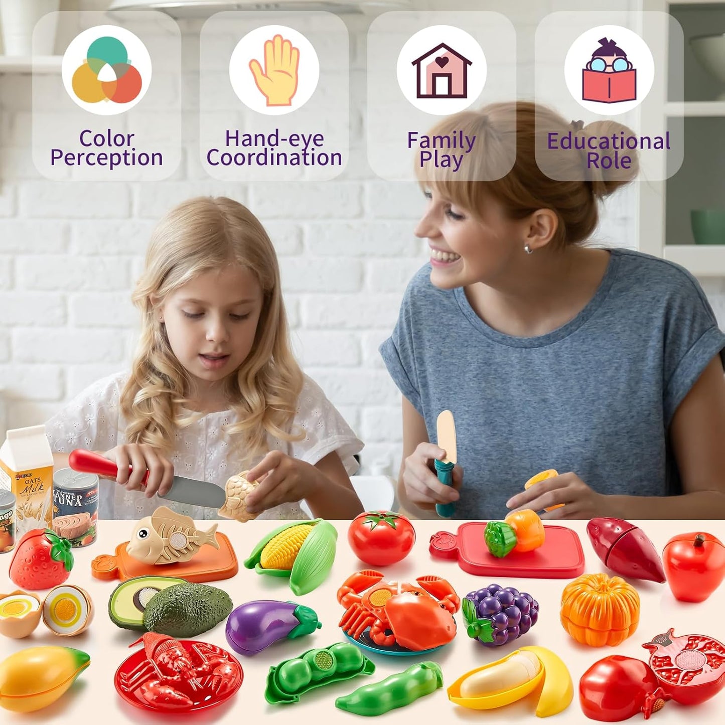 HotLAUGIGLE Pretend Play Food for Kids Kitchen, 78Pc Cutting Toy Food with Storage Bag