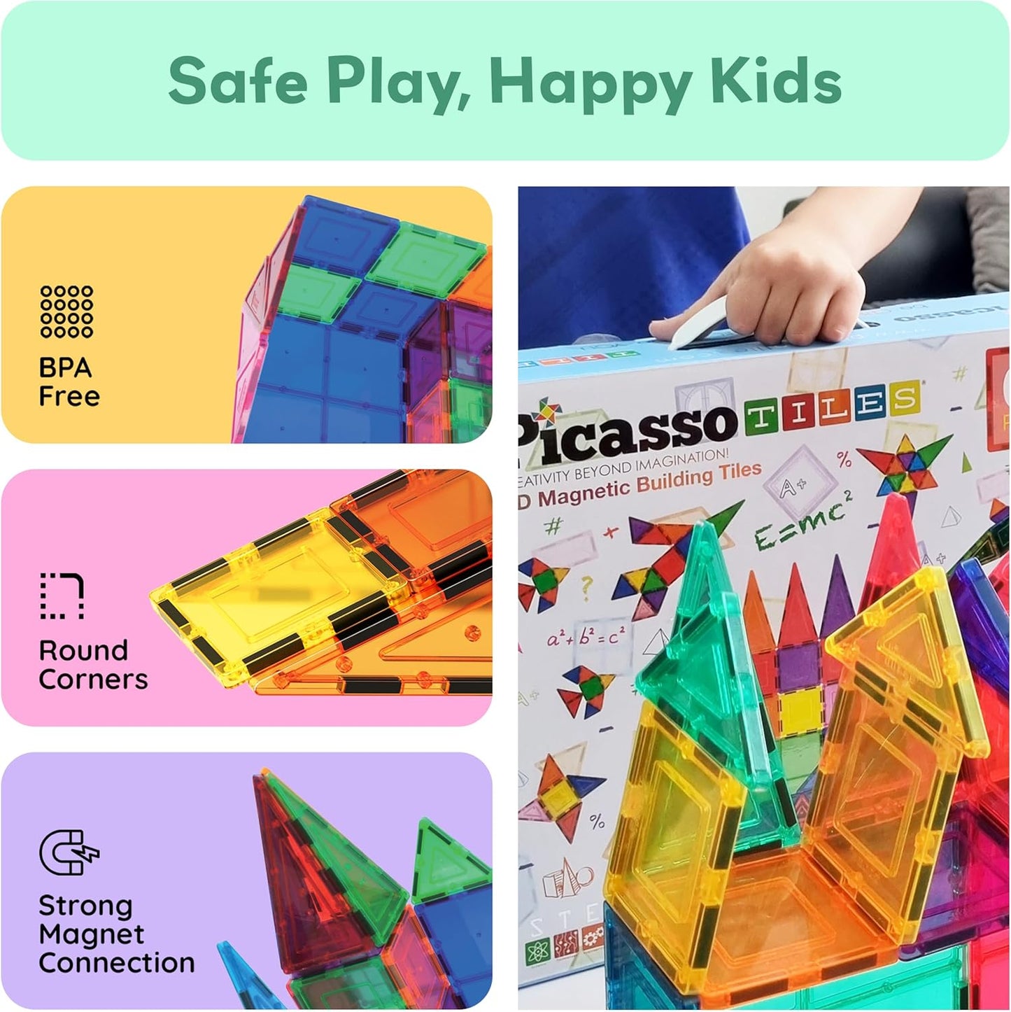 HotPicassoTiles 100 Piece Magnetic Tiles, Clear 3D Building Blocks for Kids 3+ | No-limit scalable builds, hands-on magnet polarity fun, family group play, quick assemble & store, shape & color recognition