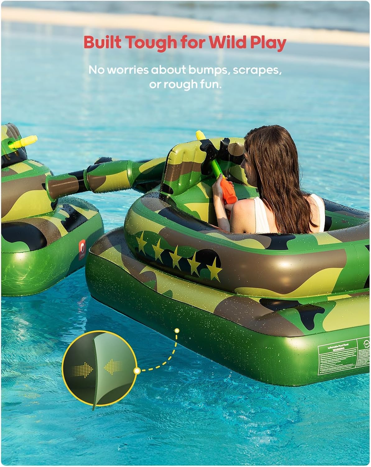 HotQPAU Inflatable Tank Pool Float for Adults & Kids – Ride-On Camouflage Floaty with Water Cannon, Swim Raft Toy for Boys Girls, Lake Beach Backyard Party Floaties