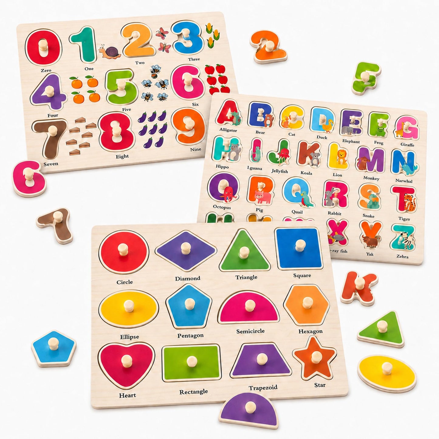 HotAlphabet Wooden Puzzles for Toddlers 3-5, Pack of 3 ABC, Number and Shape Puzzle, Preschool Educational Learning Toys with Puzzle Board & Letter Blocks for Girls Boys Ages 3 4 5 Years Old