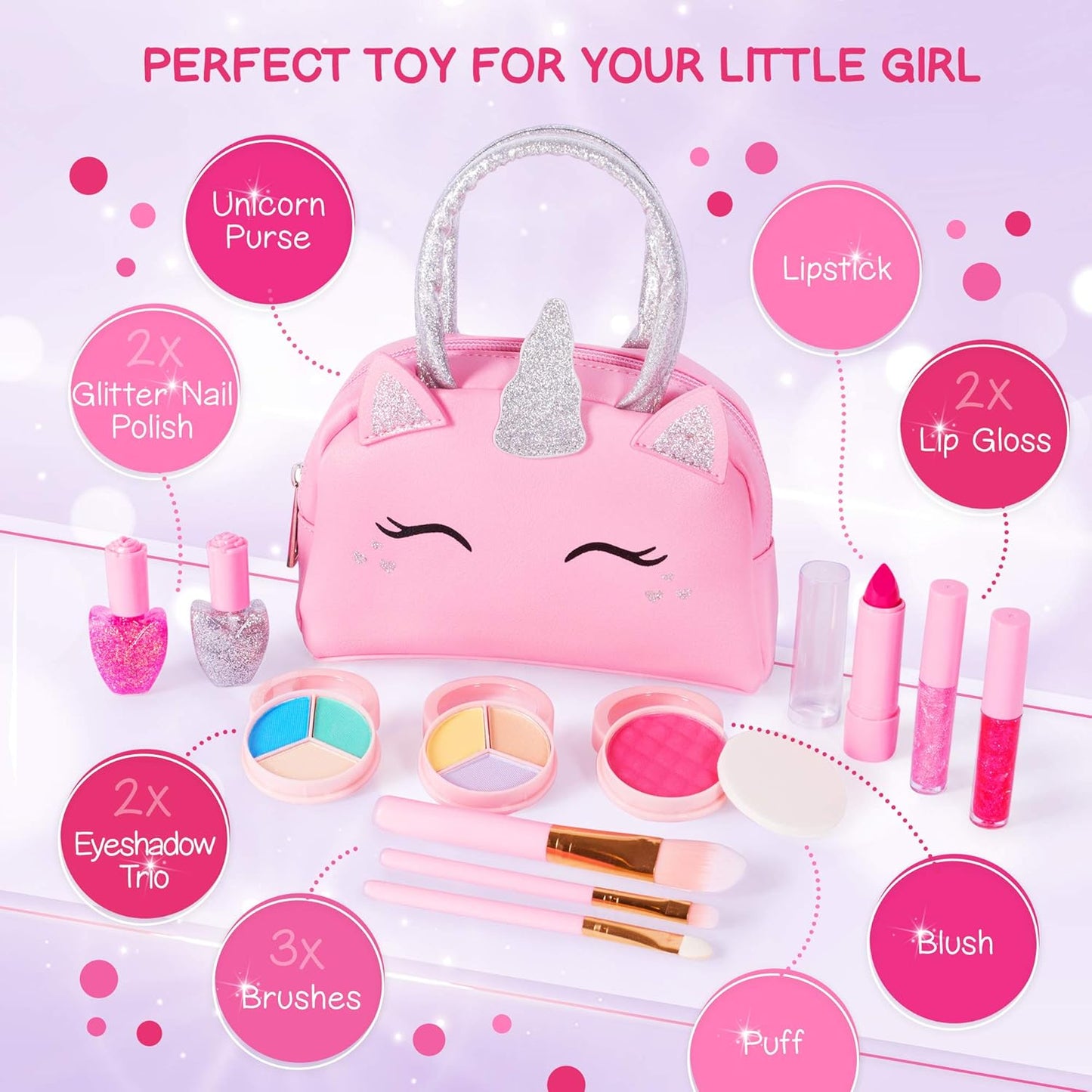 HotKids Real Makeup Kit with Pink Unicorn Purse Non Toxic Washable Make Up Set | Unicorn Toys for Girls Age 4-6, 5 Year Old Girl Birthday Gift Ideas, Toddler Little Girl Gifts 3 4 5 6 7 8 9 10 Years Old