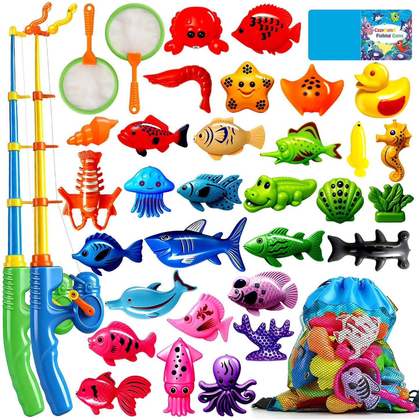 Hot CozyBomB™ Magnetic Fishing Toys Game Set for Kids | Water Table Bathtub Kiddie Pool Party Pole Rod Net, Outdoor Plastic Floating Fish, Toddler Bath Color Ocean Sea Animals Birthday Gift Age 3-5 6 4-8