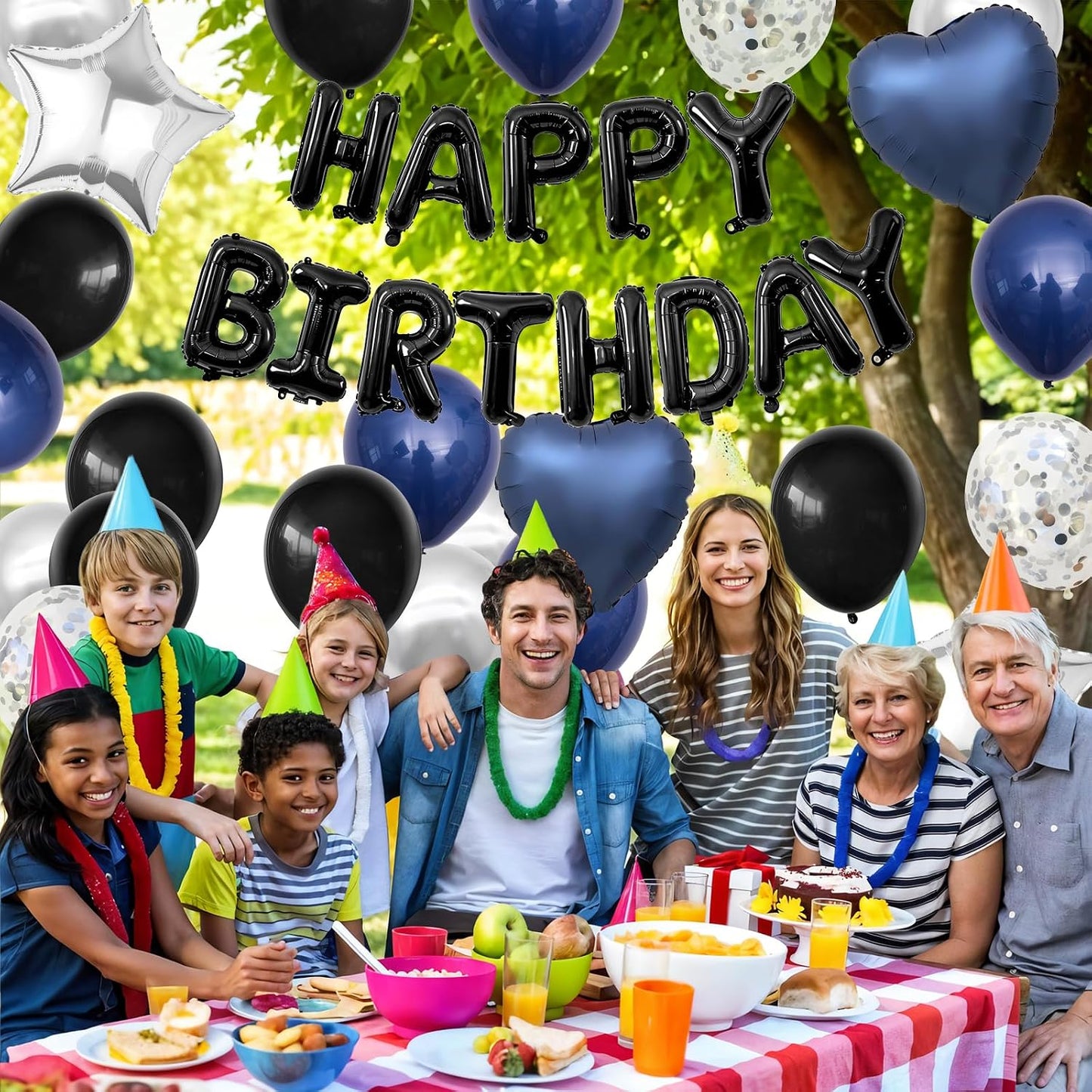 HotNavy Blue and Black Birthday Decorations for Men,Blue Black White Balloons Happy Birthdays Balloon Banner Silver Confetti Balloons for Men Boy Girls Women Adults Birthday Party Decorations