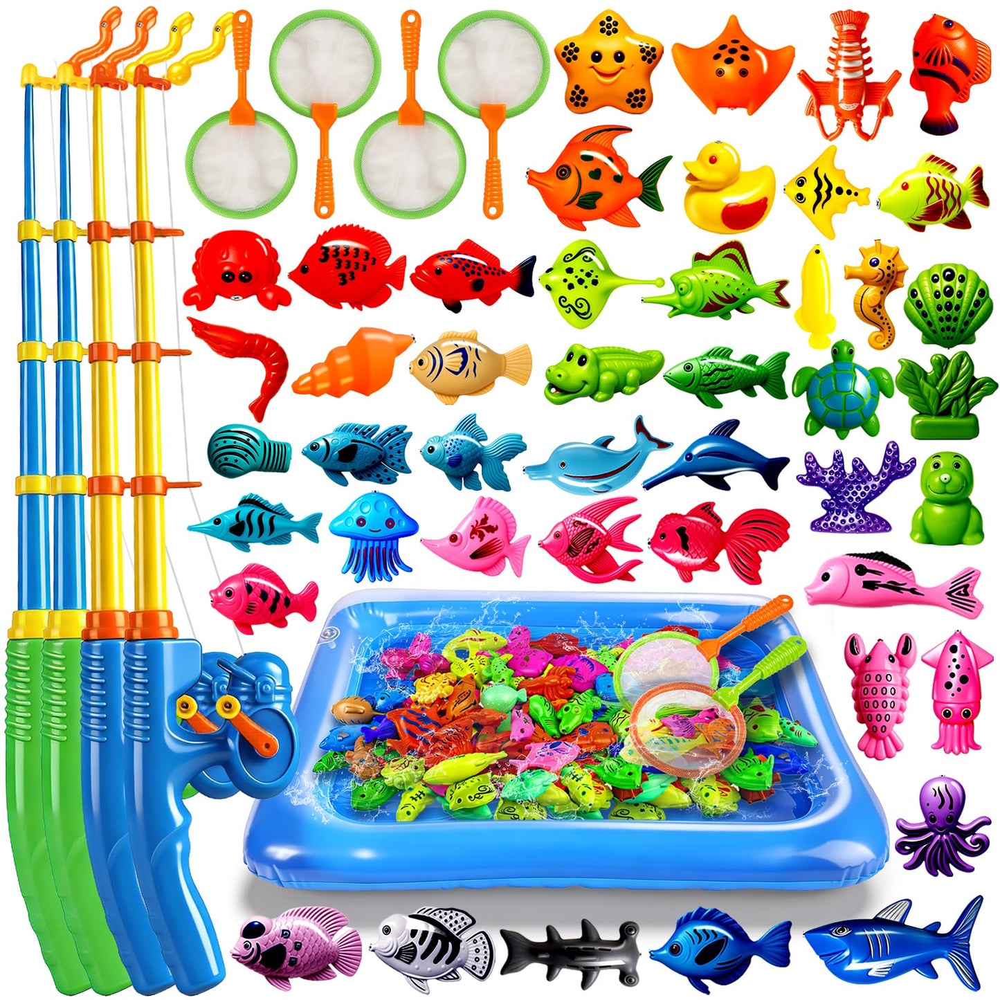 HotCozyBomB™ Magnetic Fishing Toys Game Set for Kids | Water Table Bathtub Kiddie Pool Party Pole Rod Net, Outdoor Plastic Floating Fish, Toddler Bath Color Ocean Sea Animals Birthday Gift Age 3-5 6 4-8