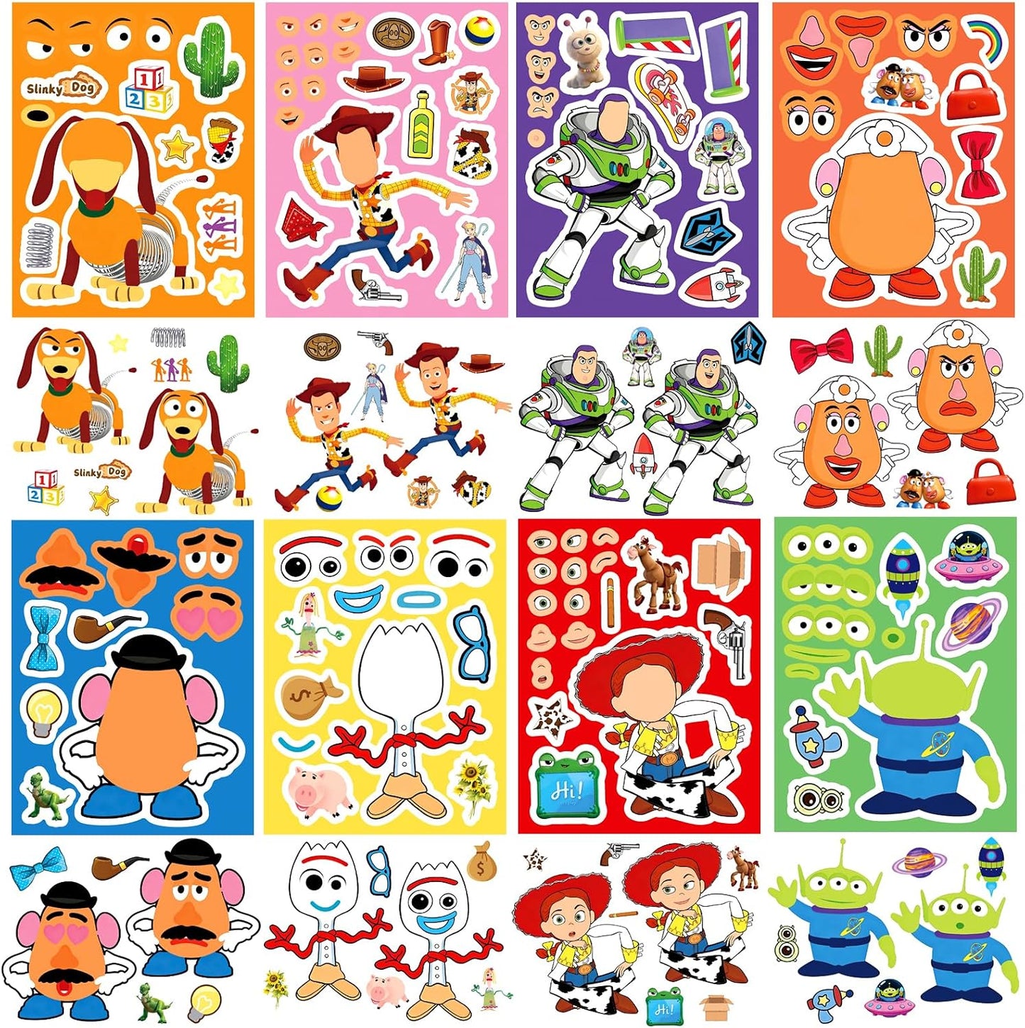 Hot 24pcs Make a face Toy Story Stickers,Make Your Own Stickers,Mixed & Matched with 8 Designed Characters(3 of Each) for Party Favors Supplies, Reward, Decor,Gift Idea