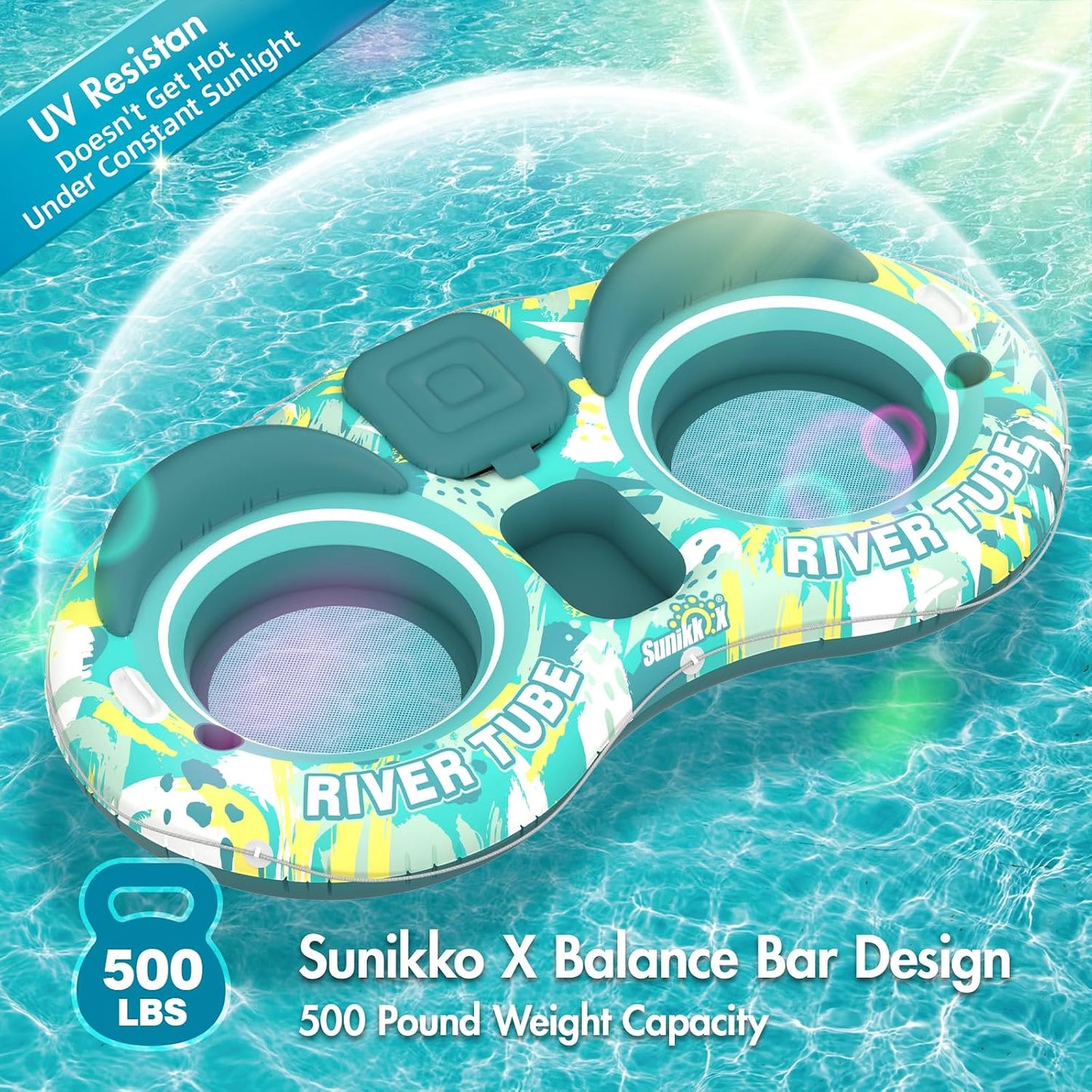 Hot Sunikko X 5-in-1 Pool Floats Adult Heavy Duty River Tube, 2 Person Water Lounge Tanning Pool with Backrests, Built-in Cooler, Cup Holders, Deluxe Pool Toys for Summer Relaxation