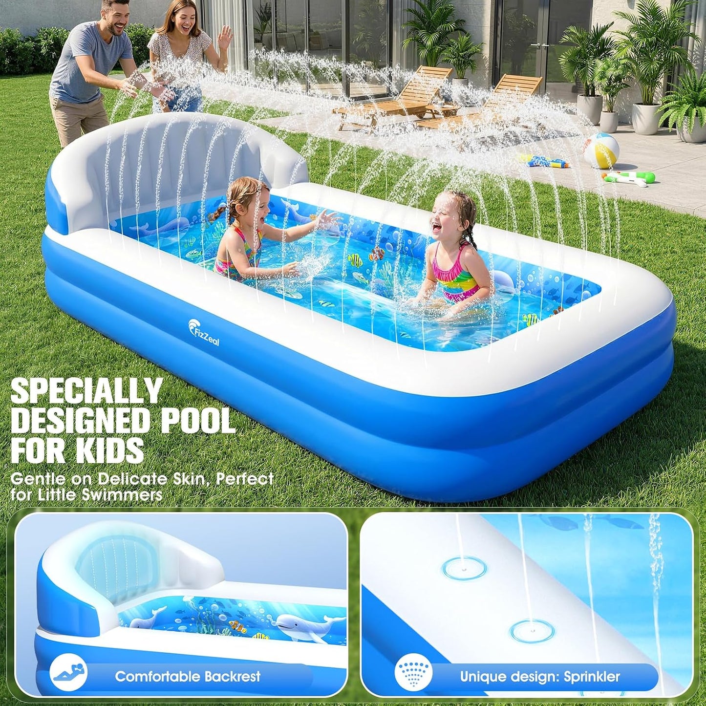 Hot FizZeal Kiddies Pool,Inflatable Pool with Sprinkler,Inflatable Pools with Big Backrest for Toddlers,Rectangle Kids Pool Backyard,Kids Swimming Pool,Small Inflatable Pool, Outdoor Water Pool for Kids