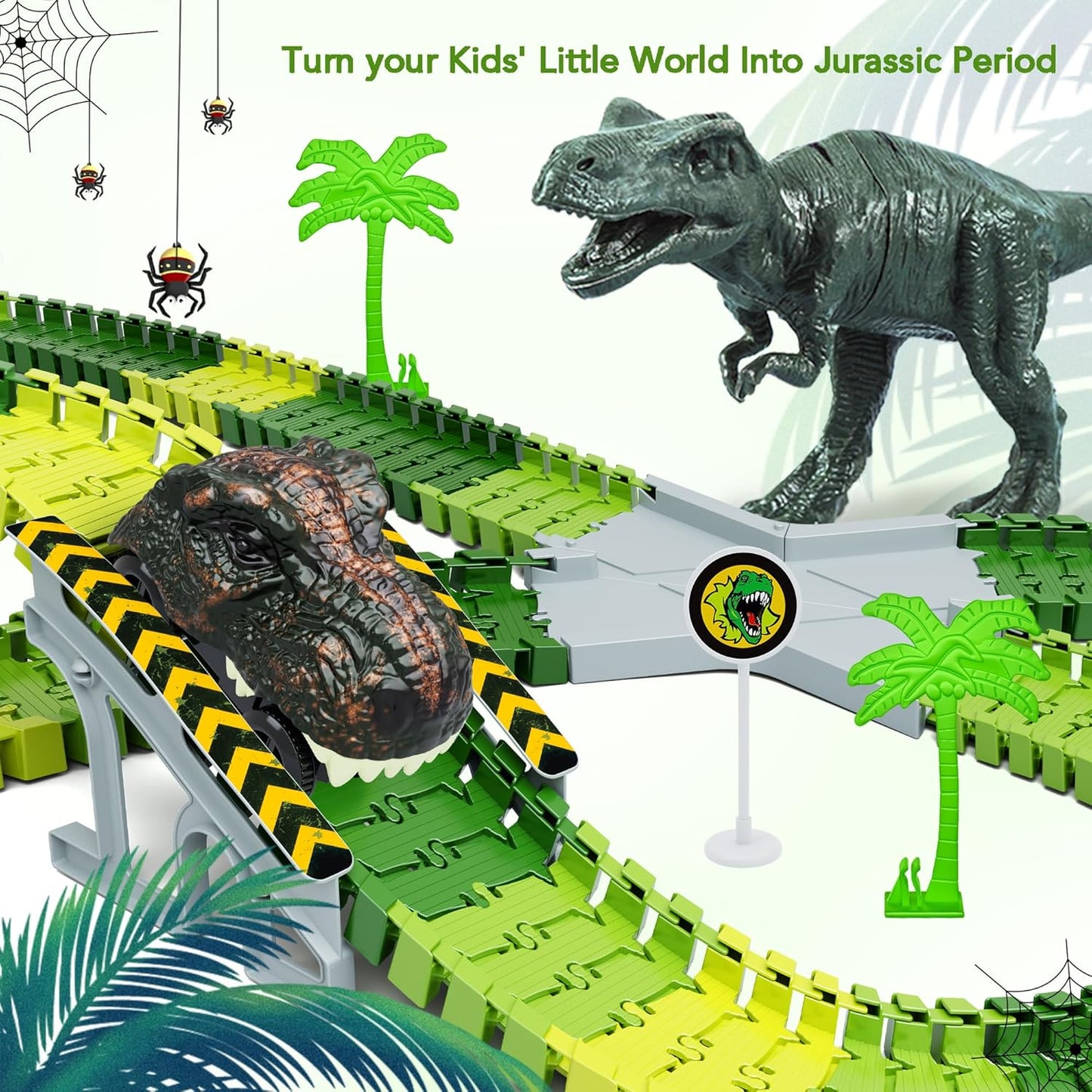 HotDinosaur Toys,Create A Dinosaur World Road Race,Flexible Track Playset and 2 pcs Cool Dinosaur car for 3 4 5 6 Year & Up Old boy Girls Best Gift