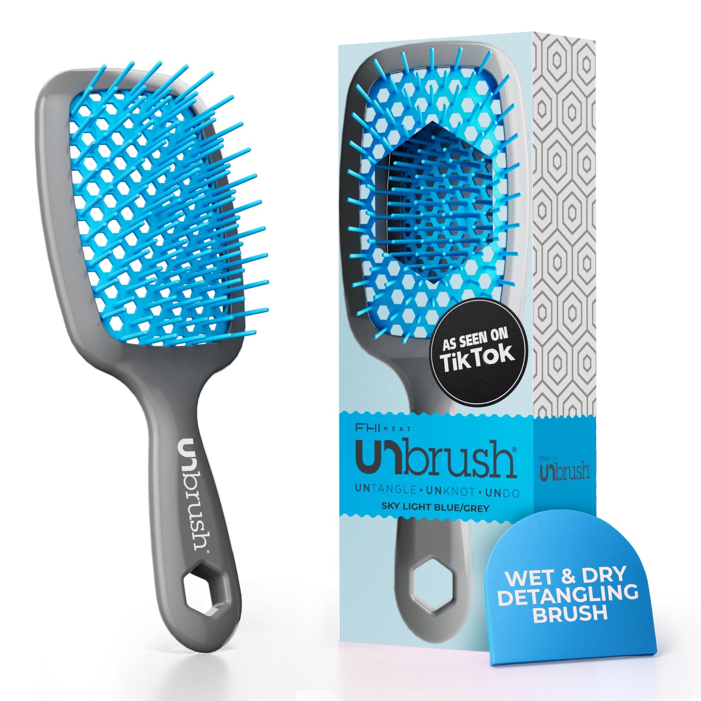 HotFHI Heat UNbrush Detangling Brush for Pain-Free Brushing on All Wet or Dry Hair Types — Durable DuoFlex Anti-Static Bristles, Lightweight Handle, Vented Hair Brush, Periwinkle Light Blue