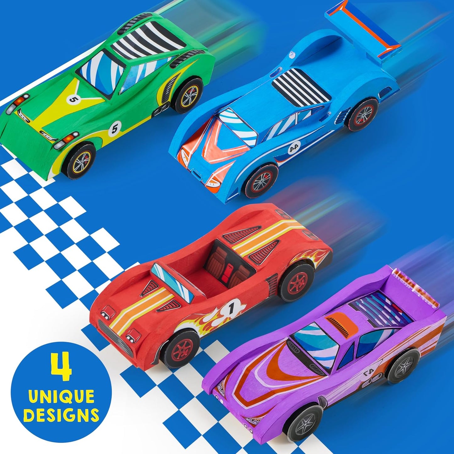 HotKlever Kits 4 DIY Wooden Race Cars-Build & Paint Your Own Wood Craft Kit, 4 Race Cars Toy, Easy to Assemble Arts Crafts Kit, Birthday Party Presents for Kids Boys and Girls