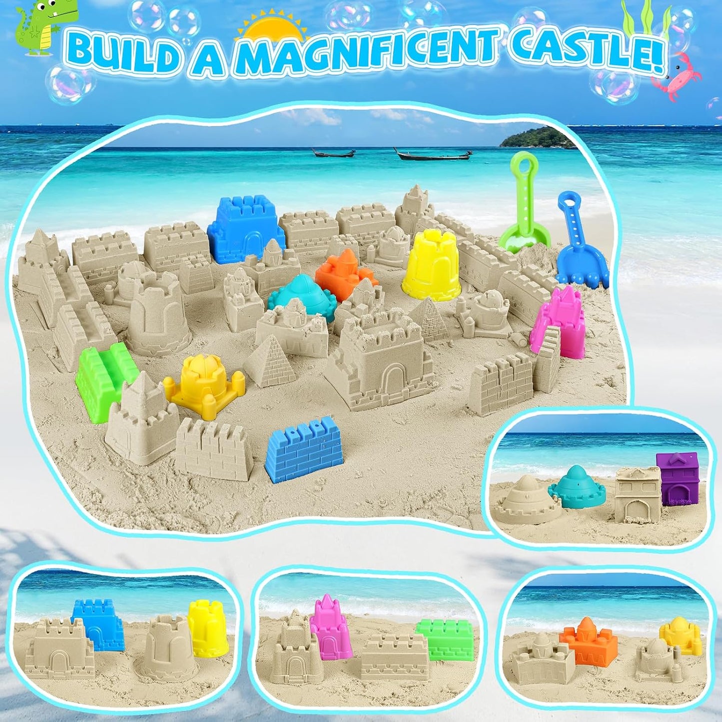 Hot FHOZGECY Beach Sand Toys, 4 Construction Vehicles, 4 Collapsible Buckets, Sand Castle Molds with Travel Mesh Bags, Sandbox Play Set for Kids Ages 3-12, Multi‑Scene Play for Outdoor Summer Beach Games